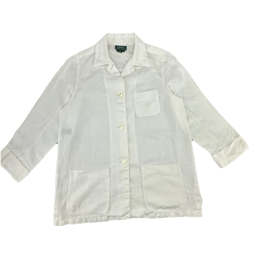 Lauren Ralph Lauren Linen Button Front Shirt Womens L White Preppy Casual